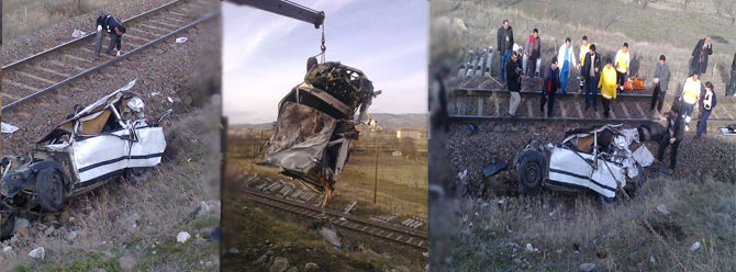 Raylara uçan otomobile tren çarptı: 2 ölü